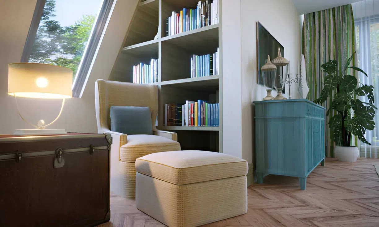 Cozy reading nook with neutral tones and natural light, designed by an interior painter in Des Moines, IA