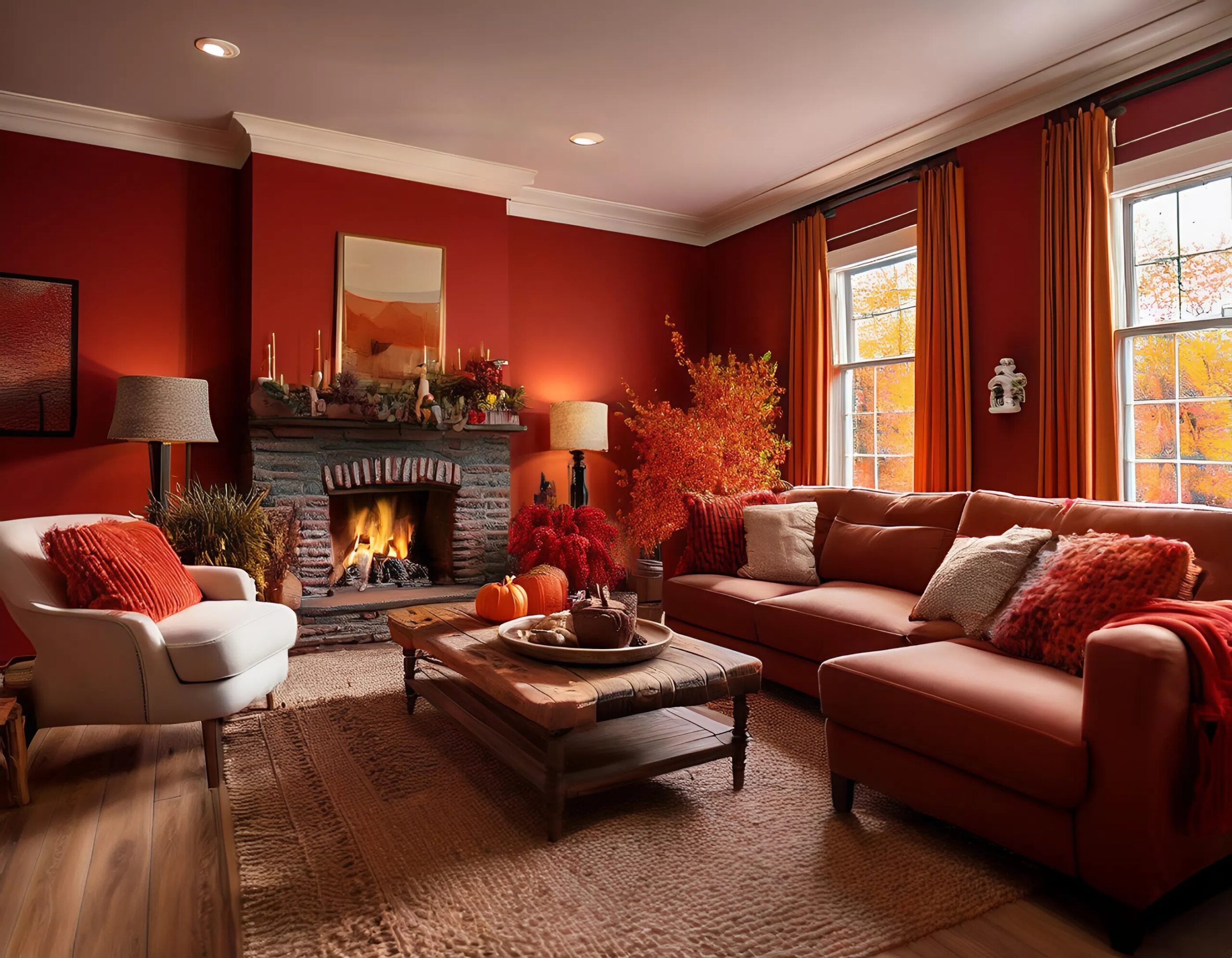 Cozy living room painted in warm holiday tones by a painter in Urbandale, IA.