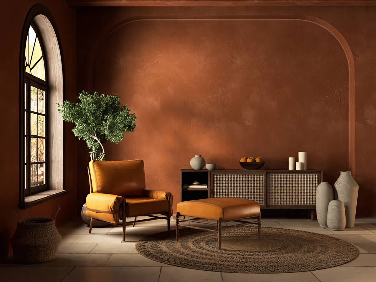 Warm-toned modern living room with textured earth-tone walls by a house painter in Altoona, IA